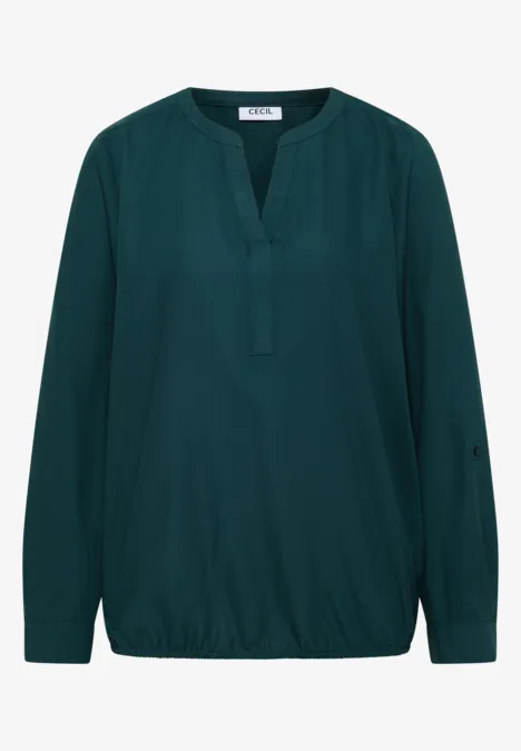 Dunkelgrüne Bluse mit V-Ausschnitt und langen Ärmeln.